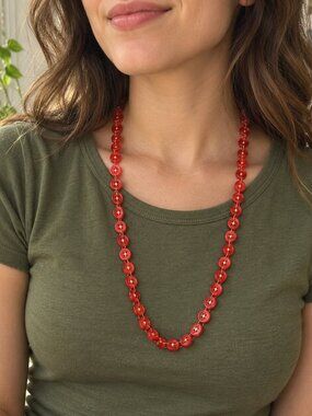 Handmade Red Button Chain Necklace Long Boho Folk Art Whimsical Vintage